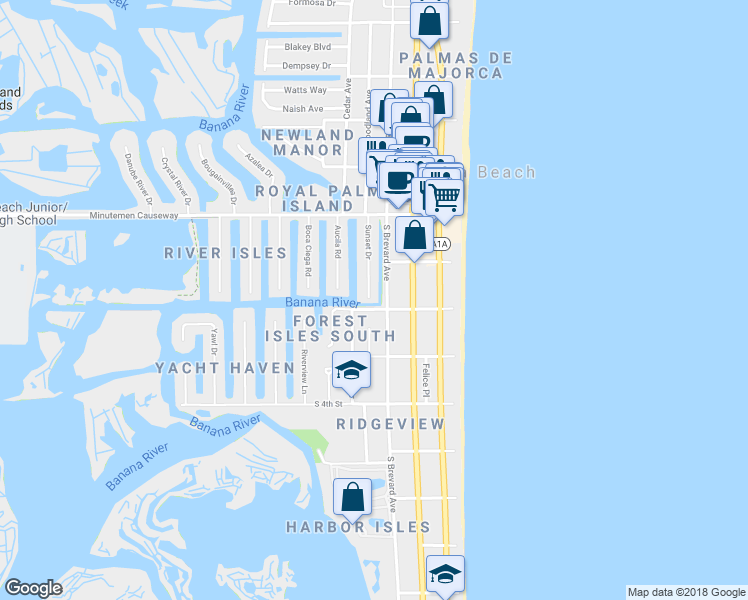 map of restaurants, bars, coffee shops, grocery stores, and more near 122 Sunset Drive in Cocoa Beach