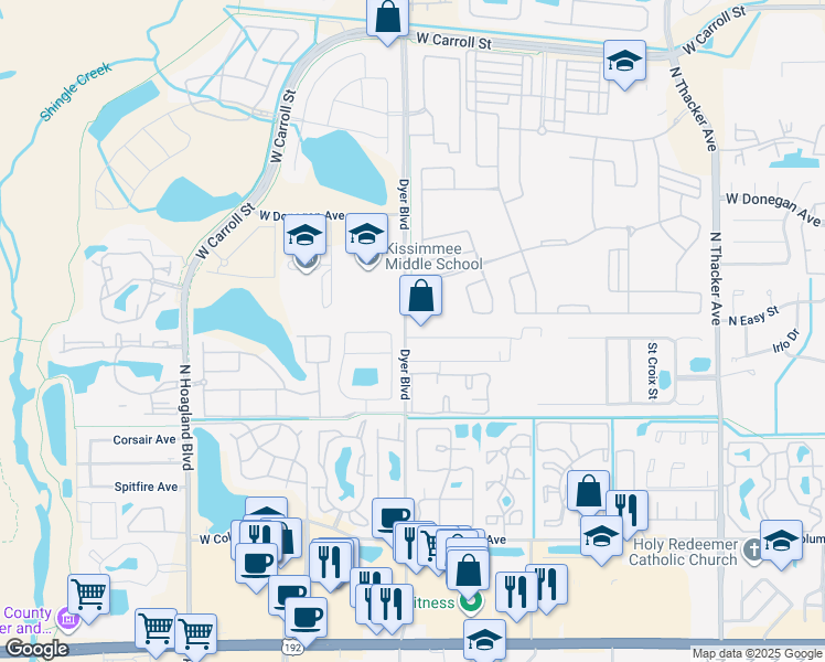 map of restaurants, bars, coffee shops, grocery stores, and more near 5245 Rio Grande Trail in Kissimmee