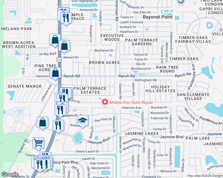 map of restaurants, bars, coffee shops, grocery stores, and more near 10840 Rexdale Avenue in Port Richey