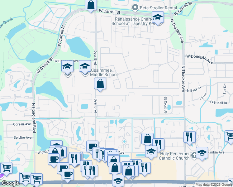map of restaurants, bars, coffee shops, grocery stores, and more near 2424 Chateau Loop in Kissimmee