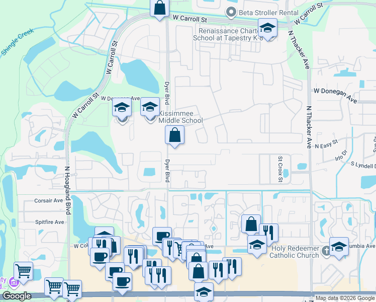 map of restaurants, bars, coffee shops, grocery stores, and more near 3131 Rio Grande Trail in Kissimmee