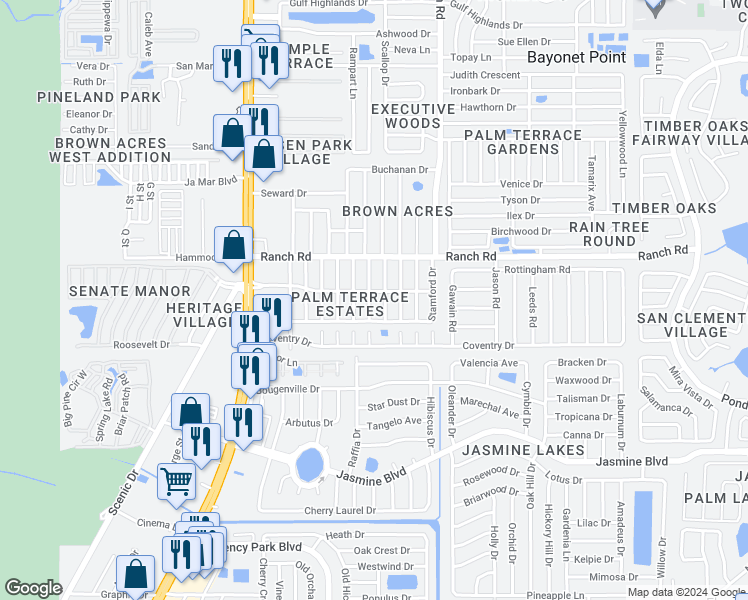 map of restaurants, bars, coffee shops, grocery stores, and more near 10840 Norwood Avenue in Port Richey