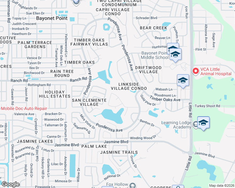 map of restaurants, bars, coffee shops, grocery stores, and more near 8575 Ponderosa Avenue in Port Richey