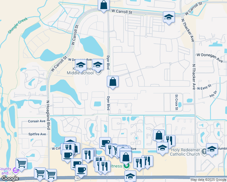 map of restaurants, bars, coffee shops, grocery stores, and more near 3227 Rio Grande Trail in Kissimmee