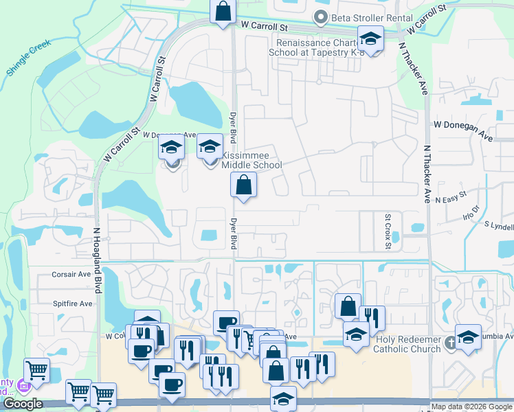 map of restaurants, bars, coffee shops, grocery stores, and more near 3123 Rio Grande Trail in Kissimmee