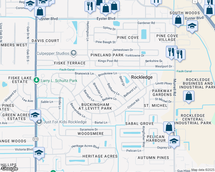 map of restaurants, bars, coffee shops, grocery stores, and more near 967 Bayberry Lane in Rockledge