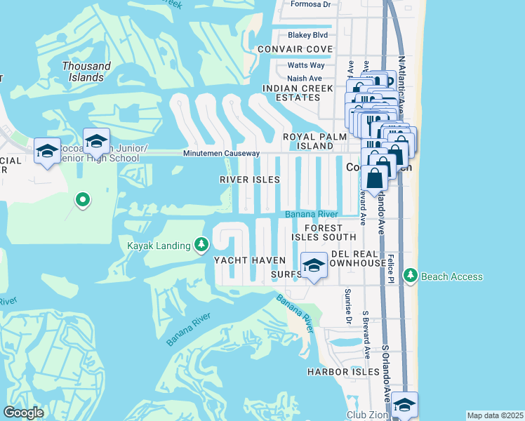 map of restaurants, bars, coffee shops, grocery stores, and more near 128 Deleon Road in Cocoa Beach