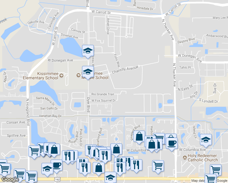 map of restaurants, bars, coffee shops, grocery stores, and more near 2424 Chateau Loop in Kissimmee