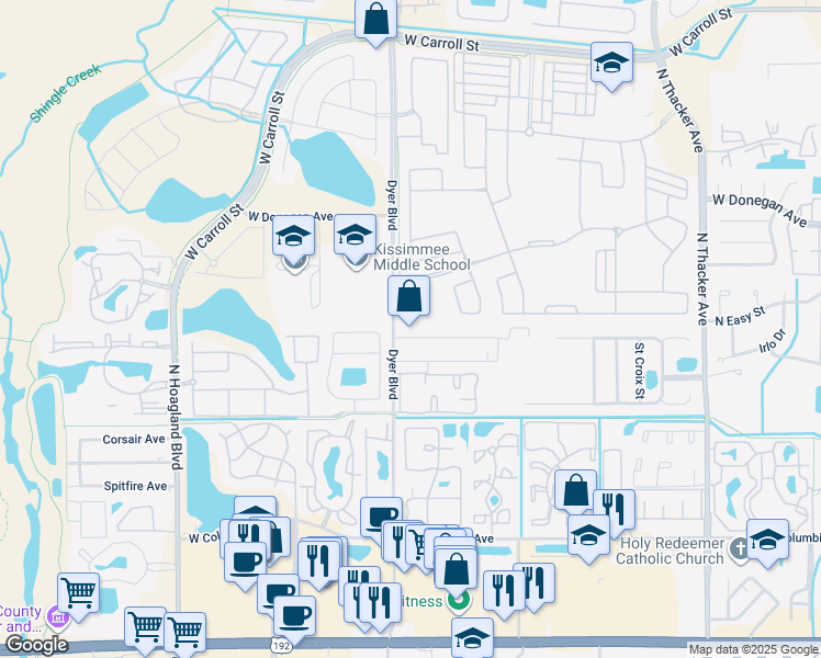 map of restaurants, bars, coffee shops, grocery stores, and more near 5245 Rio Grande Trail in Kissimmee