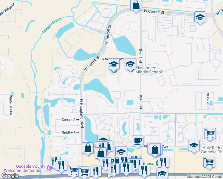 map of restaurants, bars, coffee shops, grocery stores, and more near 2215 San Vittorino Circle in Kissimmee