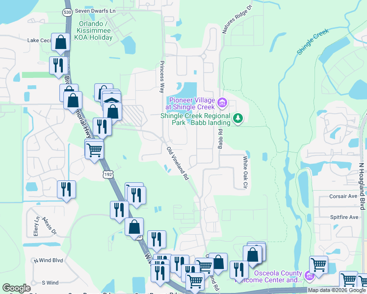 map of restaurants, bars, coffee shops, grocery stores, and more near 2455 Caravelle Circle in Kissimmee