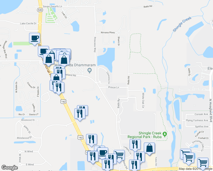 map of restaurants, bars, coffee shops, grocery stores, and more near 2455 Caravelle Circle in Kissimmee