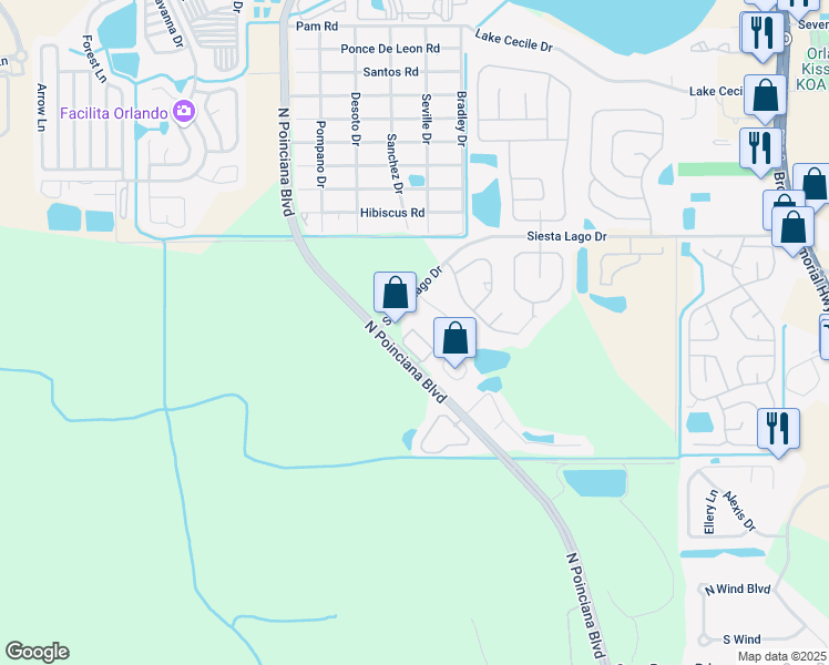 map of restaurants, bars, coffee shops, grocery stores, and more near 2306 Rochelle Avenue in Kissimmee