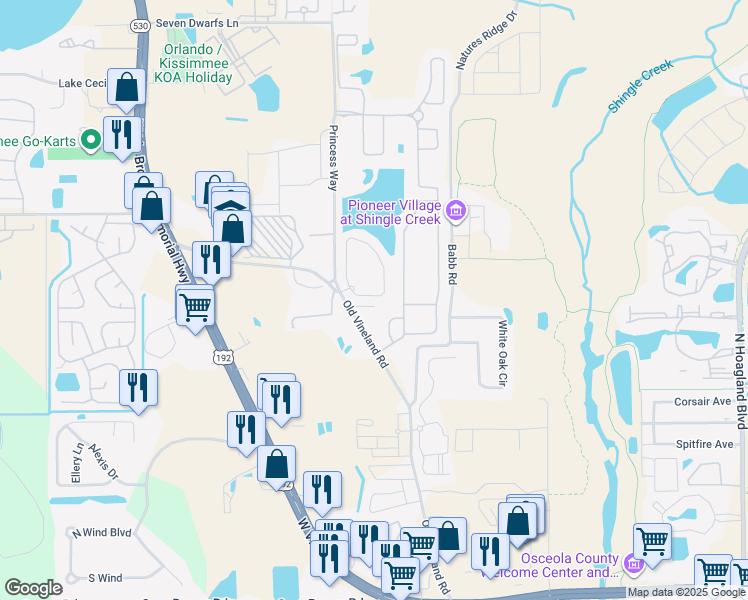 map of restaurants, bars, coffee shops, grocery stores, and more near 2455 Caravelle Circle in Kissimmee