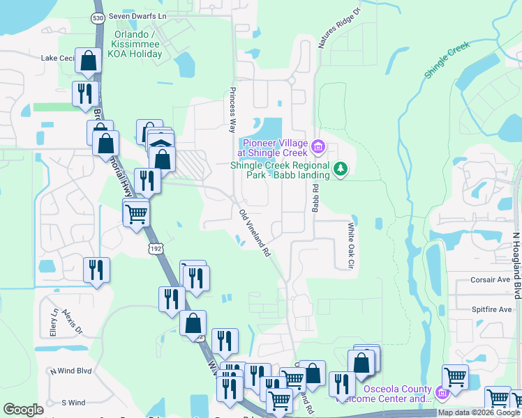 map of restaurants, bars, coffee shops, grocery stores, and more near 2462 Caravelle Circle in Kissimmee