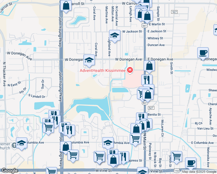 map of restaurants, bars, coffee shops, grocery stores, and more near 507 Kissimmee Oaks Court in Kissimmee