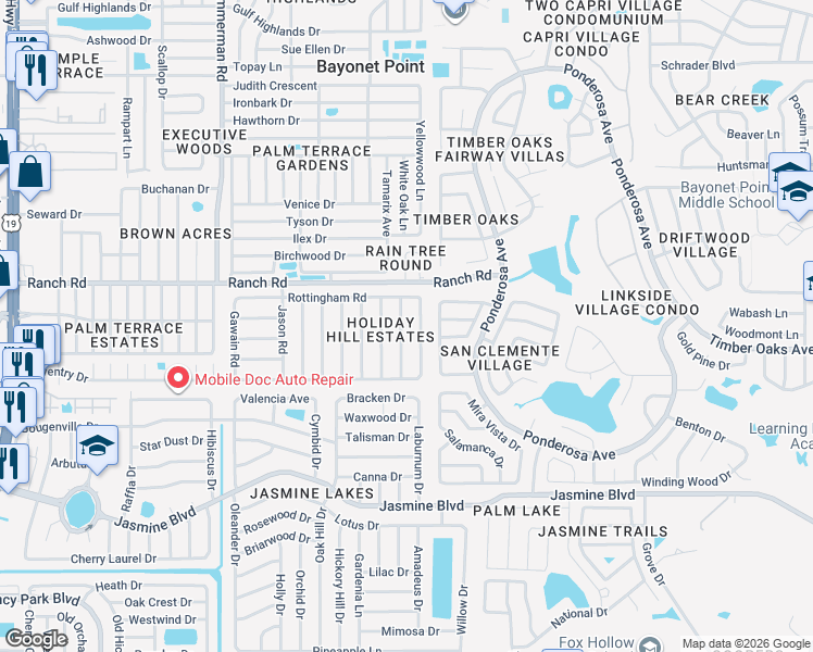map of restaurants, bars, coffee shops, grocery stores, and more near 10900 Queens Road in Port Richey