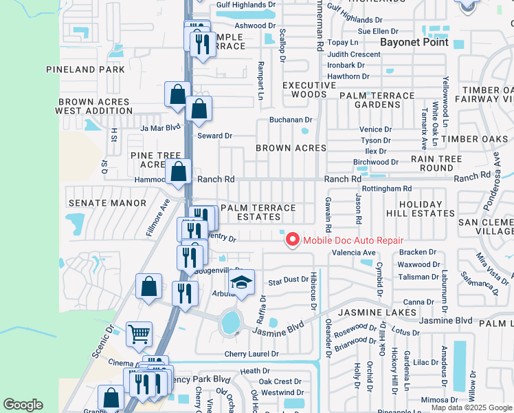 map of restaurants, bars, coffee shops, grocery stores, and more near 7222 Palisade Drive in Port Richey