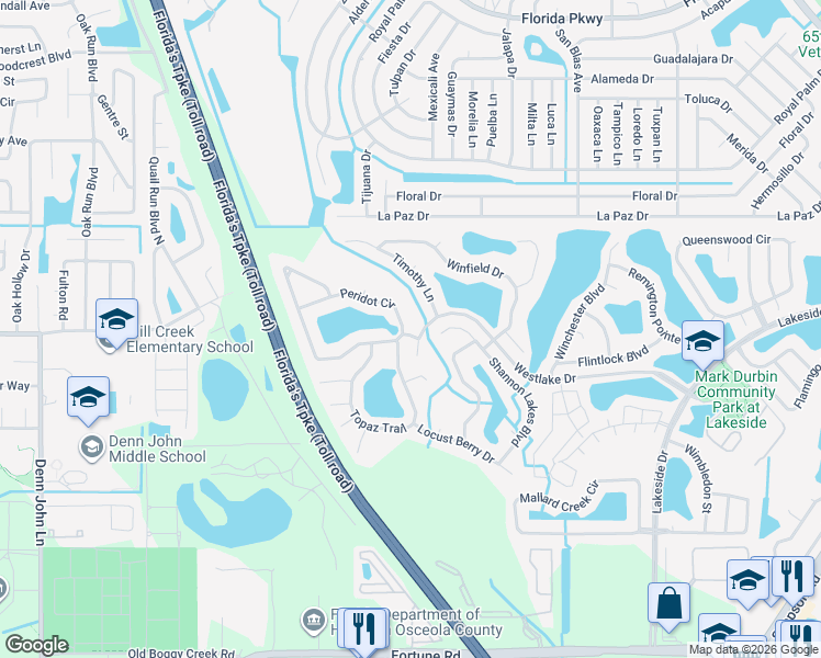 map of restaurants, bars, coffee shops, grocery stores, and more near 1994 Peridot Circle in Kissimmee