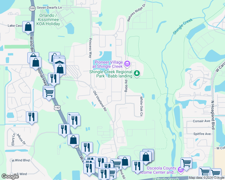 map of restaurants, bars, coffee shops, grocery stores, and more near 2351 Old Vineland Road in Kissimmee