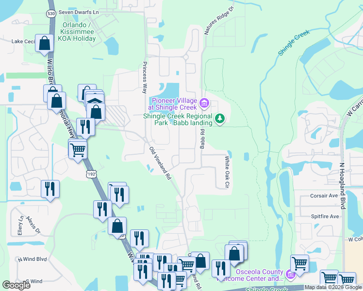 map of restaurants, bars, coffee shops, grocery stores, and more near 2351 Old Vineland Road in Kissimmee
