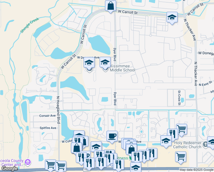 map of restaurants, bars, coffee shops, grocery stores, and more near 3425 Sugar Mill Road in Kissimmee