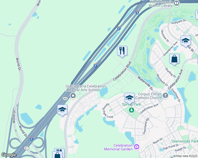 map of restaurants, bars, coffee shops, grocery stores, and more near 1370 Celebration Boulevard in Kissimmee
