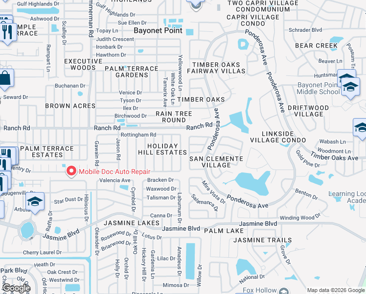 map of restaurants, bars, coffee shops, grocery stores, and more near 10900 Queens Road in Port Richey
