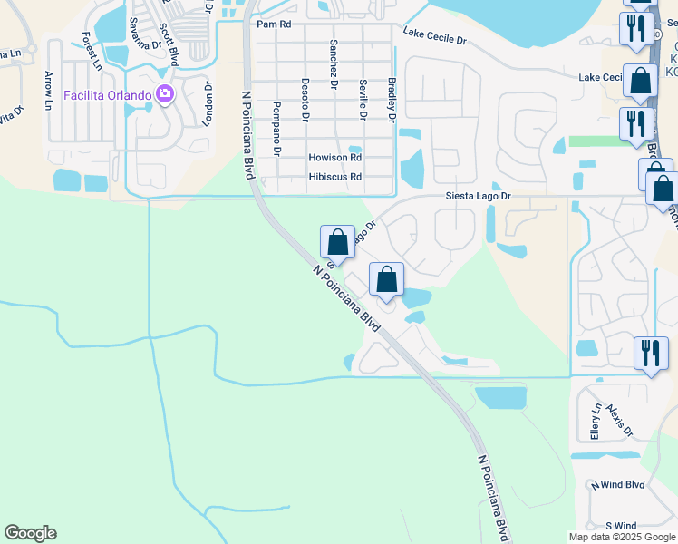 map of restaurants, bars, coffee shops, grocery stores, and more near 2401 North Poinciana Boulevard in Kissimmee