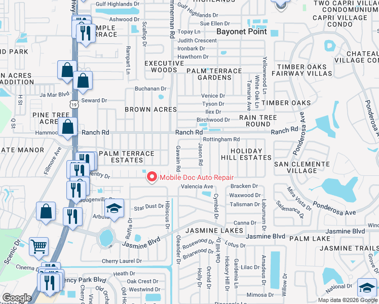 map of restaurants, bars, coffee shops, grocery stores, and more near 7608 Galahad Road in Port Richey