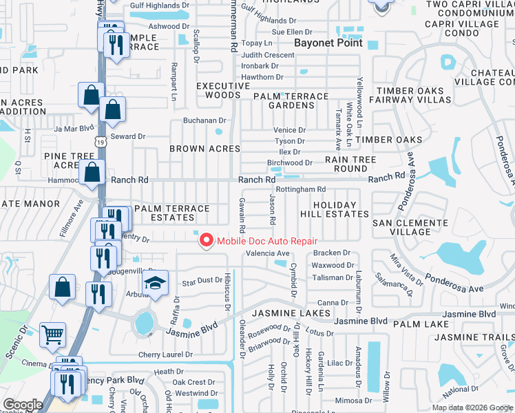 map of restaurants, bars, coffee shops, grocery stores, and more near 7534 Galahad Road in Port Richey