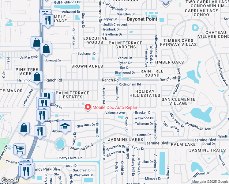 map of restaurants, bars, coffee shops, grocery stores, and more near 7608 Galahad Road in Port Richey
