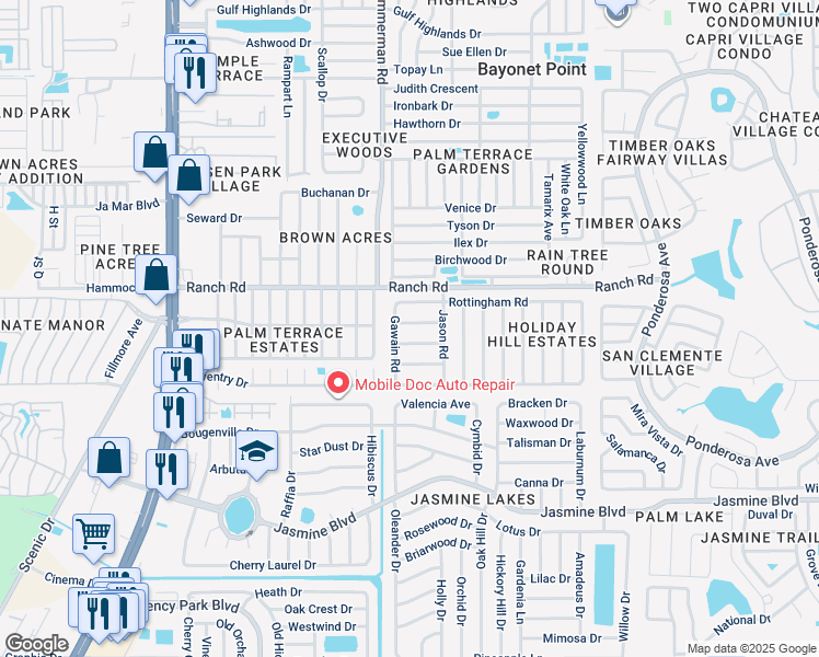 map of restaurants, bars, coffee shops, grocery stores, and more near 7524 Galahad Road in Port Richey