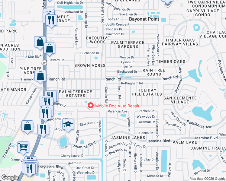 map of restaurants, bars, coffee shops, grocery stores, and more near 7534 Galahad Road in Port Richey