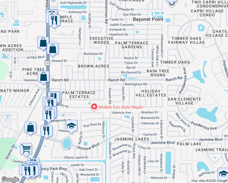 map of restaurants, bars, coffee shops, grocery stores, and more near 7524 Galahad Road in Port Richey