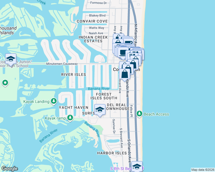 map of restaurants, bars, coffee shops, grocery stores, and more near 125 Aucila Road in Cocoa Beach