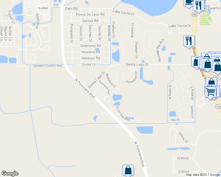 map of restaurants, bars, coffee shops, grocery stores, and more near 2319 Rochelle Ave in Kissimmee