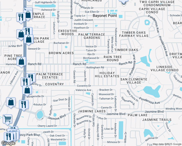 map of restaurants, bars, coffee shops, grocery stores, and more near 10902 Kingsbridge Road in Port Richey