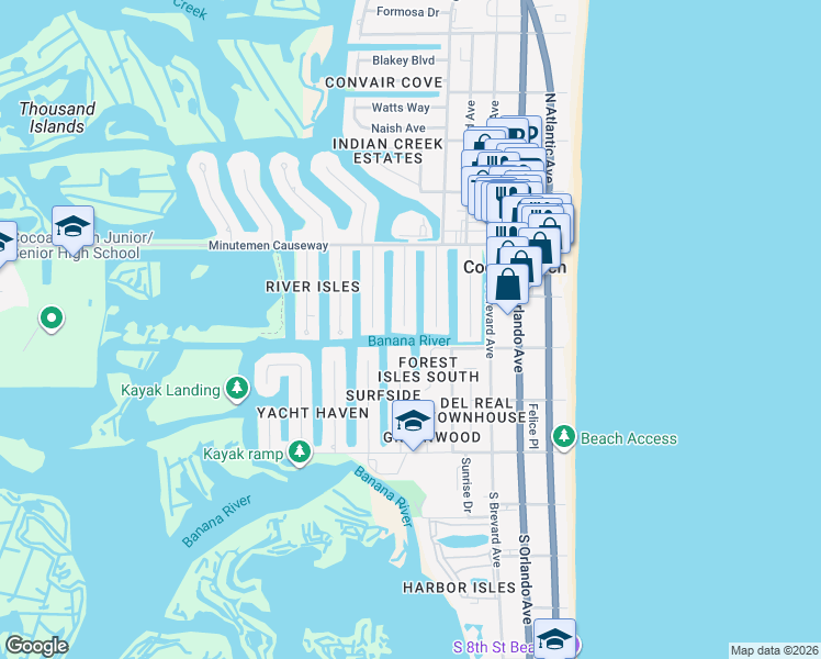 map of restaurants, bars, coffee shops, grocery stores, and more near 125 Boca Ciega Road in Cocoa Beach