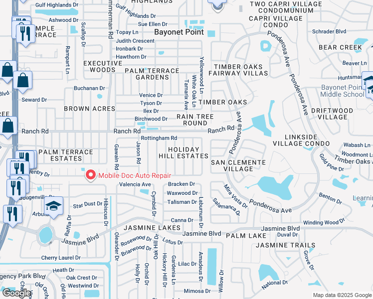 map of restaurants, bars, coffee shops, grocery stores, and more near 10902 Oldham Road in Port Richey