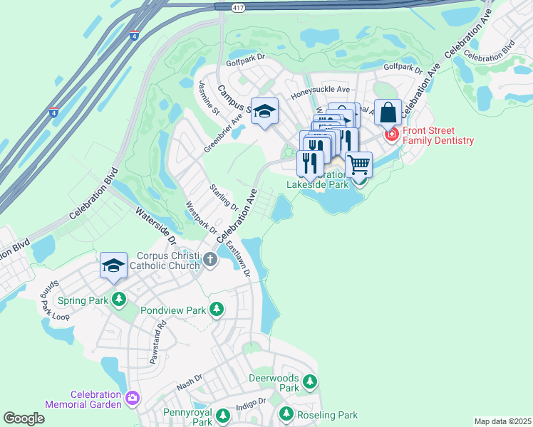 map of restaurants, bars, coffee shops, grocery stores, and more near 828 Lake Evalyn Drive in Kissimmee