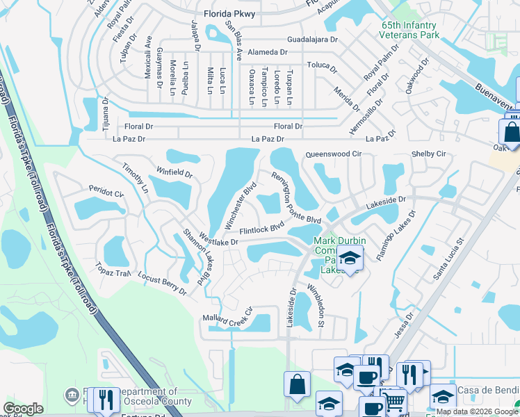map of restaurants, bars, coffee shops, grocery stores, and more near 2415 Black Powder Lane in Kissimmee