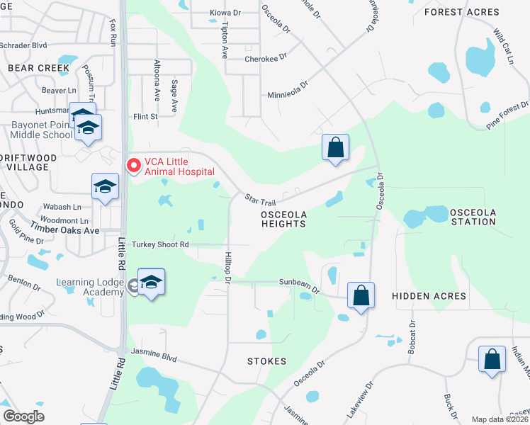 map of restaurants, bars, coffee shops, grocery stores, and more near 9510 Star Trail in New Port Richey