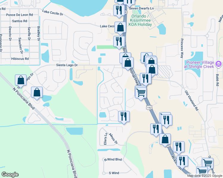 map of restaurants, bars, coffee shops, grocery stores, and more near 4728 Cirento Drive in Kissimmee