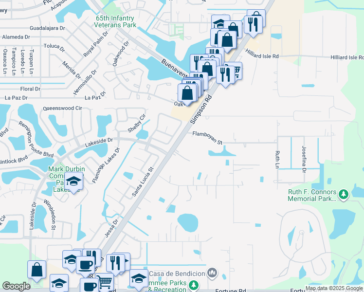map of restaurants, bars, coffee shops, grocery stores, and more near 2301 Simpson Road in Kissimmee