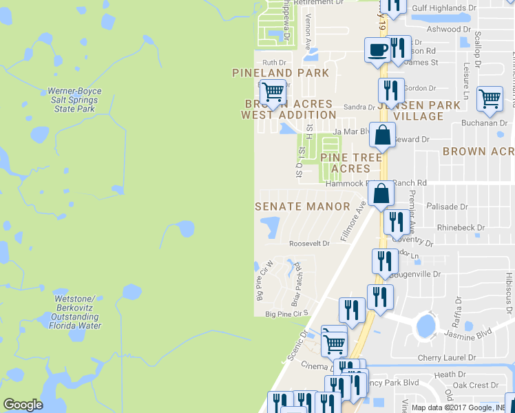 map of restaurants, bars, coffee shops, grocery stores, and more near 10905 Federal Drive in Port Richey