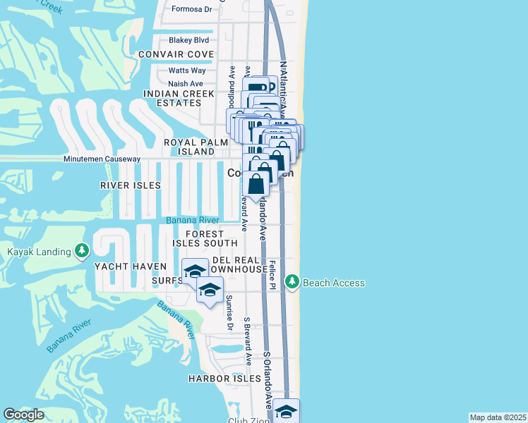 map of restaurants, bars, coffee shops, grocery stores, and more near 155 South Orlando Avenue in Cocoa Beach