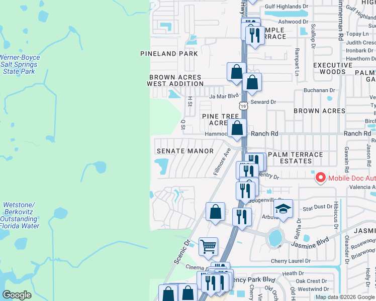 map of restaurants, bars, coffee shops, grocery stores, and more near 10908 Freedom Drive in Port Richey