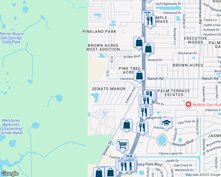 map of restaurants, bars, coffee shops, grocery stores, and more near 10908 Freedom Drive in Port Richey