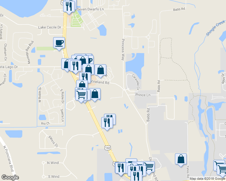 map of restaurants, bars, coffee shops, grocery stores, and more near 2420 Old Vineland Road in Kissimmee